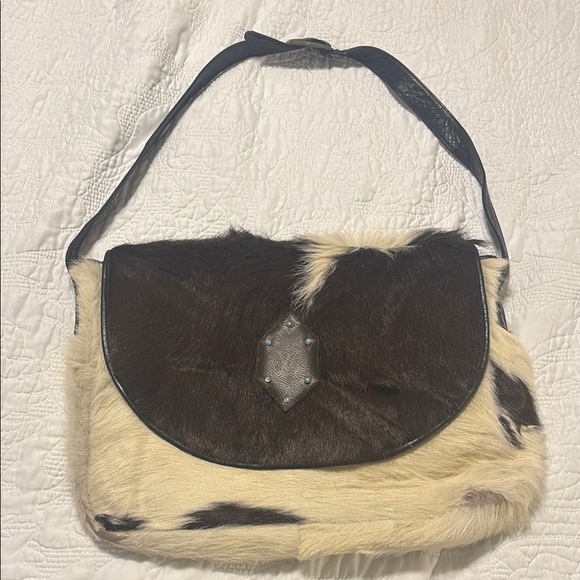 Handbags - Dark brown and cream cowhide &leather bag  upcycled patch & turquoise studs.